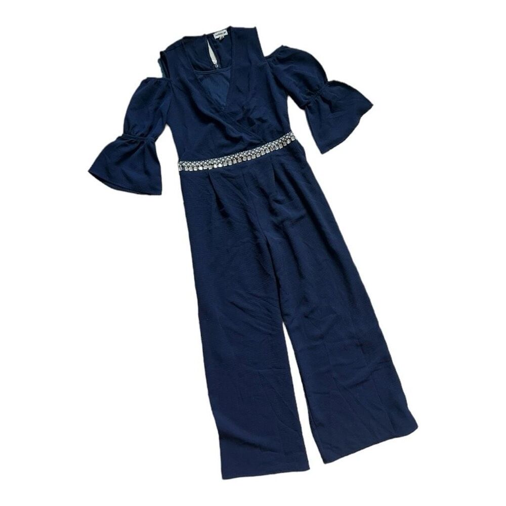 Youth Monteau Girls Navy Blue Embellishment Waist Cold Shoulder Jumpsuit - Sz L